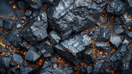 Leinwandbilder - Close up view captures various coal pieces interspersed with shimmering mineral deposits, showcasing their unique textures and colors, illuminated by light.