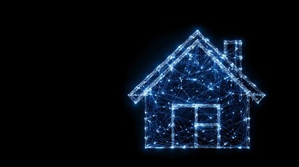 Poster - glowing blue house silhouette created from connected dots and lines on dark background, representing
