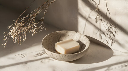 Neutral toned, square soap on a speckled dish with sun-drenched dried grasses and shadows.