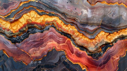 Aufkleber - Intricate formations of agate stone highlight vibrant colors such as reds, oranges, and blacks. The smooth, layered textures reveal the natural beauty of mineral deposits found in various locations.