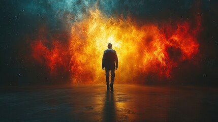 Canvas Print - Man walks towards fiery cosmic portal