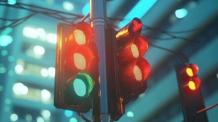Aufkleber - traffic lights showing green and red signals at a crossroad in a futuristic city at night, creating 