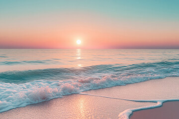Poster - Serene sunset over calm ocean waves gently lapping on a pink sandy beach.