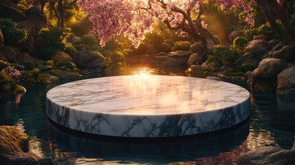 Wall Mural - Marble podium in serene cherry blossom garden