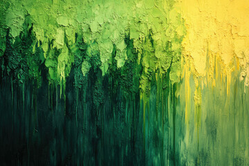 Poster - Abstract painting with dripping green and yellow paint, creating a textured, vibrant, and expressive artwork.