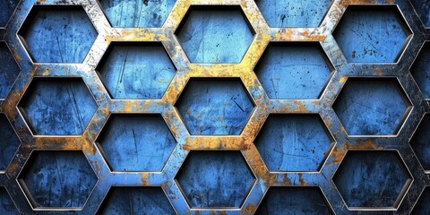 Poster - Blue Metallic Honeycomb Pattern with Rustic Texture for Industrial Design Use