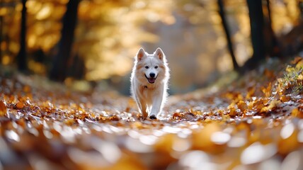 Wall Mural - happy dog walking on forest path covered with autumn leaves