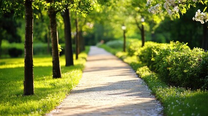 Wall Mural - serene park path lined with lush green trees and bushes on sunny day