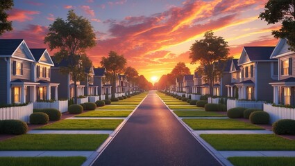 Poster - sunset over a quiet suburban neighborhood with lined houses and vibrant sky colors