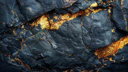 Leinwandbilder - Textures of black slate rock reveal striking gold veins, creating a stunning contrast and intricate patterns that showcase nature's artistry in geological formations.