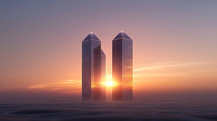 Canvas Print - Two modern skyscrapers with triangular tops silhouetted against a vibrant sunset over clouds