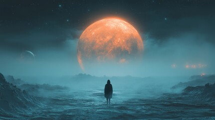 Poster - A person stands in front of a large orange moon