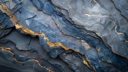 Aufkleber - Textured surface of dark blue stone features striking gold veins creating an eye catching pattern, illuminated softly for a dramatic effect.