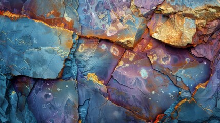 Leinwandbilder - Vibrant hues of blue, purple, and gold adorn the rocky surface, revealing intricate layers and textures created by natural processes in sunlight.