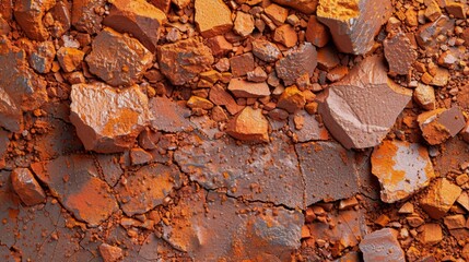 Leinwandbilder - Colorful rock fragments in shades of orange and brown cover the ground, creating a textured landscape that highlights the earth's natural beauty under bright daylight.
