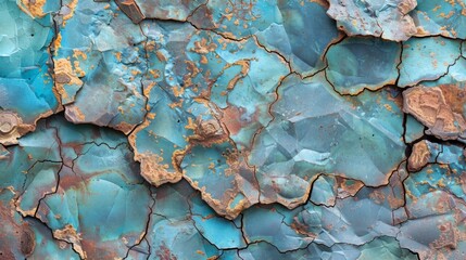 Poster - Fragmented patches of blue and turquoise paint reveal intricate textures, resembling the natural formations found along a rocky coastline. The artwork captures the beauty of decay.