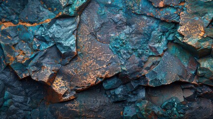 Poster - Unique mineral formations reveal a vibrant blend of blue and copper hues, showcasing the intricate textures of nature in a remote geological area during daylight hours