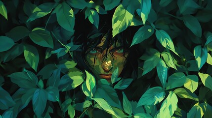 Poster - Mysterious Woman Hidden Lush Green Foliage Dark Moody Portrait Artistic Illustration Digital Painting Nature Scene Green Leaves Woman Face Hidden     
