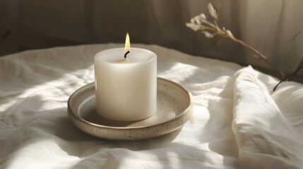 Wall Mural - A lit candle on a textured plate sits peacefully on a wrinkled white cloth, bathed in soft, gentle sunlight.