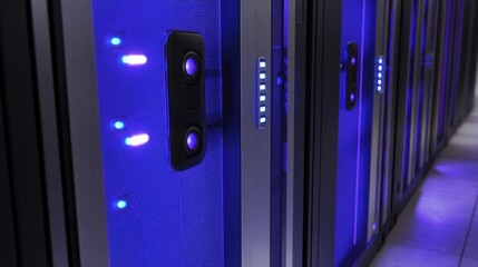 Poster - modern server racks glowing with vibrant purple lights in a high tech server room, reinforcing cyber