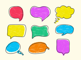 Poster - Playful collection of hand drawn speech thought bubbles in vibrant colors with crayon texture. Perfect for comics, children illustration, creative poster, social media graphic, digital design