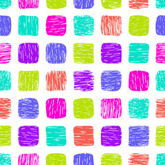 Poster - Vibrant textured seamless pattern with sketch squares. Crayon pencil drawn geometric shapes. Scribble background for kids product, packaging, artistic stationery, cover, fun web design