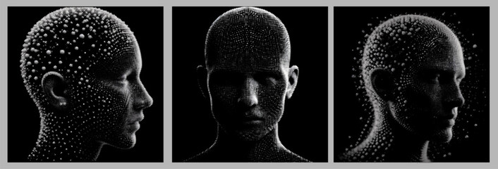 Leinwandbilder - Abstract, pixelated human faces in grayscale on a black background. The scattered dots form a detailed, digital texture, giving the artwork a modern, futuristic feel with a hint of mystery.