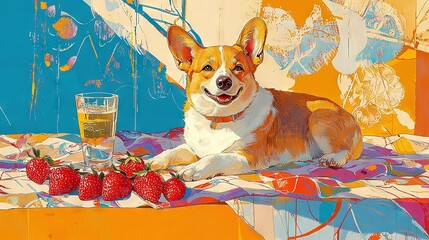 Wall Mural -   A stunning portrait of a charming Corgi dog perched atop a table, surrounded by juicy strawberries and a frosty mug of beer