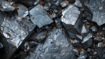 Poster - This detailed view displays a cluster of metallic minerals with distinct crystalline structures and rough surfaces, highlighting their natural beauty and geological significance.