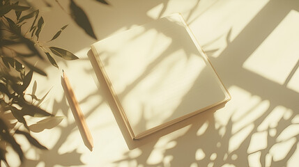 Wall Mural - Open notebook and pencil with plant shadows creating serene workspace ambiance. Simple, calm, organic.