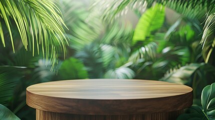Fototapete - Nestled among vibrant foliage, a beautifully crafted wooden display podium invites visitors to appreciate natural artistry, perfect for showcasing unique creations in an enchanting environment