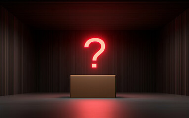 Aufkleber - Box with Red Question Mark in Dark Room. Conceptual box with graphic design in dark room with red question mark
