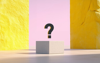 Fototapete - Question mark on cube with abstract background and graphic design. Question mark stands on a platform between yellow textured walls. Question mark is the main object of graphic design