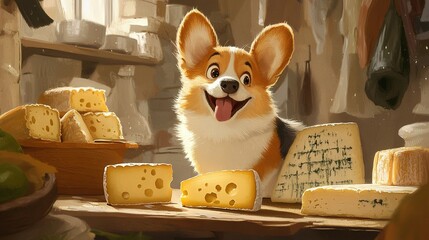 Wall Mural -   A brown dog stands beside a pile of cheese atop a wooden table