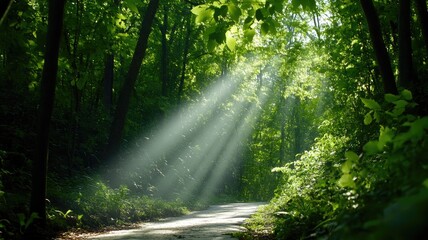 Wall Mural - sunlight streaming through lush green forest onto pathway