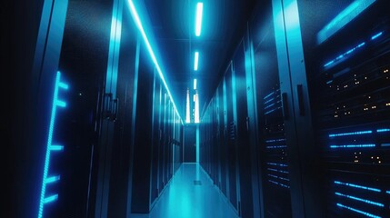 Poster - High-tech server room with illuminated racks, representing cloud storage, AI, and cybersecurity. Ideal for IT, networking, and data infrastructure themes
