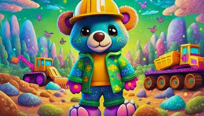 Poster - oil painting style cartoon character illustration baby bear construction worker on a site construction shovel in the background, excavator 