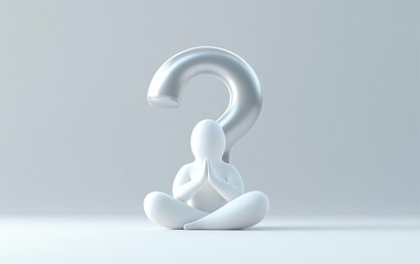 Fototapete - Figure meditating with question mark in a thoughtful pose. White figure in meditation pose with a silver question mark behind it. Conceptual image about meditation and questions