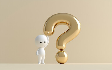Fototapete - Question Mark with Cartoon Figure. Golden question mark with white cartoon figure asking question. Question mark concept