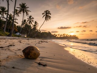 Poster - A tropical beach scene during sunset, with a coconut prominently placed on the sand. The sky is painted with hues of orange, pink, and purple, reflecting off the calm sea. Tall palm trees stand in the