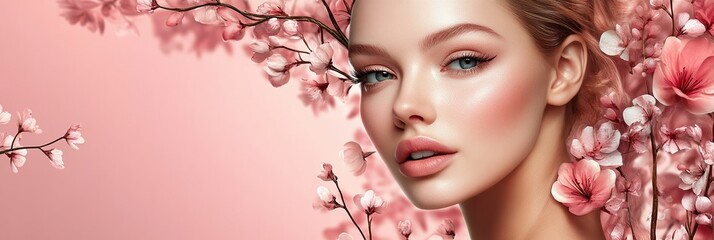 Wall Mural - Elegant beauty layout featuring a model adorned with floral elements in a soft pink background