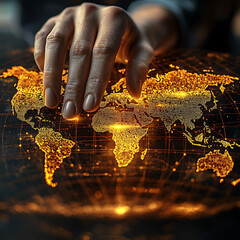 Poster - A hand gently touches a glowing, digital world map, representing global connection and technological advancement.  The warm, amber tones create a sense of innovation and opportunity.