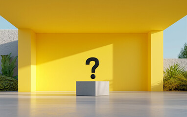Poster - Cube with Question Mark in Modern Minimalist Design. Cube under question mark in yellow room with minimalist decor. Modern cube with question mark