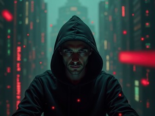 A hooded hacker sits in a dark room