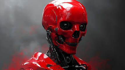 Wall Mural - A highly detailed red robotic skull with a futuristic and cybernetic design