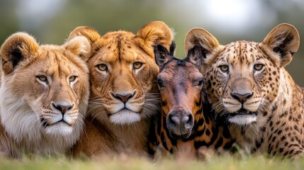 This striking image portrays three majestic big cats, including lions and a leopard, posing together with intense expressions, showcasing their beauty and powerful presence in nature.