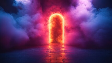 Wall Mural - Neon archway through smoke-filled room