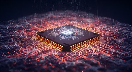 Poster - Futuristic microchip on glowing circuit board. Digital technology concept. Artificial intelligence and machine learning visualization. Quantum computing.