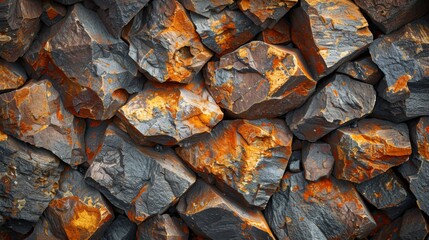 Leinwandbilder - Colorful collection of rocks featuring gray and orange tones, showcasing intricate textures and natural patterns, commonly found in outdoor environments illuminated by sunlight.