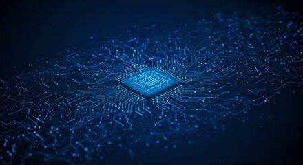 Poster - Artificial intelligence chip on blue circuit board background. Futuristic AI processor concept. Digital technology, machine learning, and data processing visualization.
